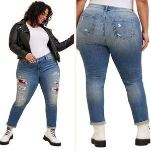 Torrid Boyfriend Stretch Mid-Rise Rip & Repair Jeans Plus 20 R Whiskers Stitched